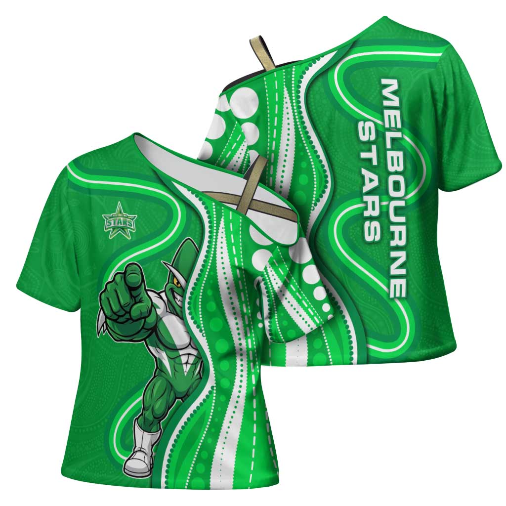 Melbourne Stars Cross Shoulder Shirt Aboriginal Dot Art Green White - Tribal Wave Pattern