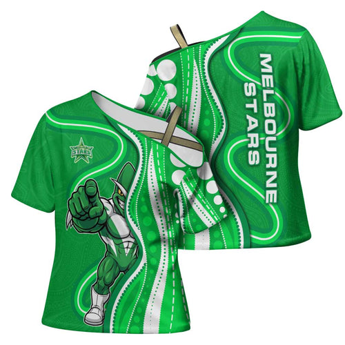 Melbourne Stars Cross Shoulder Shirt Aboriginal Dot Art Green White - Tribal Wave Pattern
