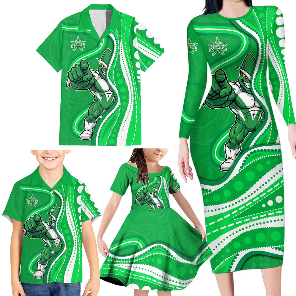 Melbourne Stars Family Matching Long Sleeve Bodycon Dress and Hawaiian Shirt Aboriginal Dot Art Green White - Tribal Wave Pattern