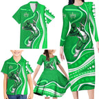 Melbourne Stars Family Matching Long Sleeve Bodycon Dress and Hawaiian Shirt Aboriginal Dot Art Green White - Tribal Wave Pattern