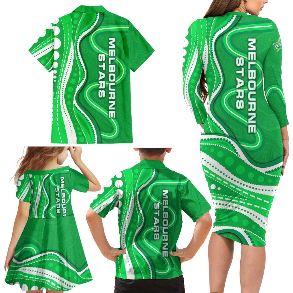Melbourne Stars Family Matching Long Sleeve Bodycon Dress and Hawaiian Shirt Aboriginal Dot Art Green White - Tribal Wave Pattern