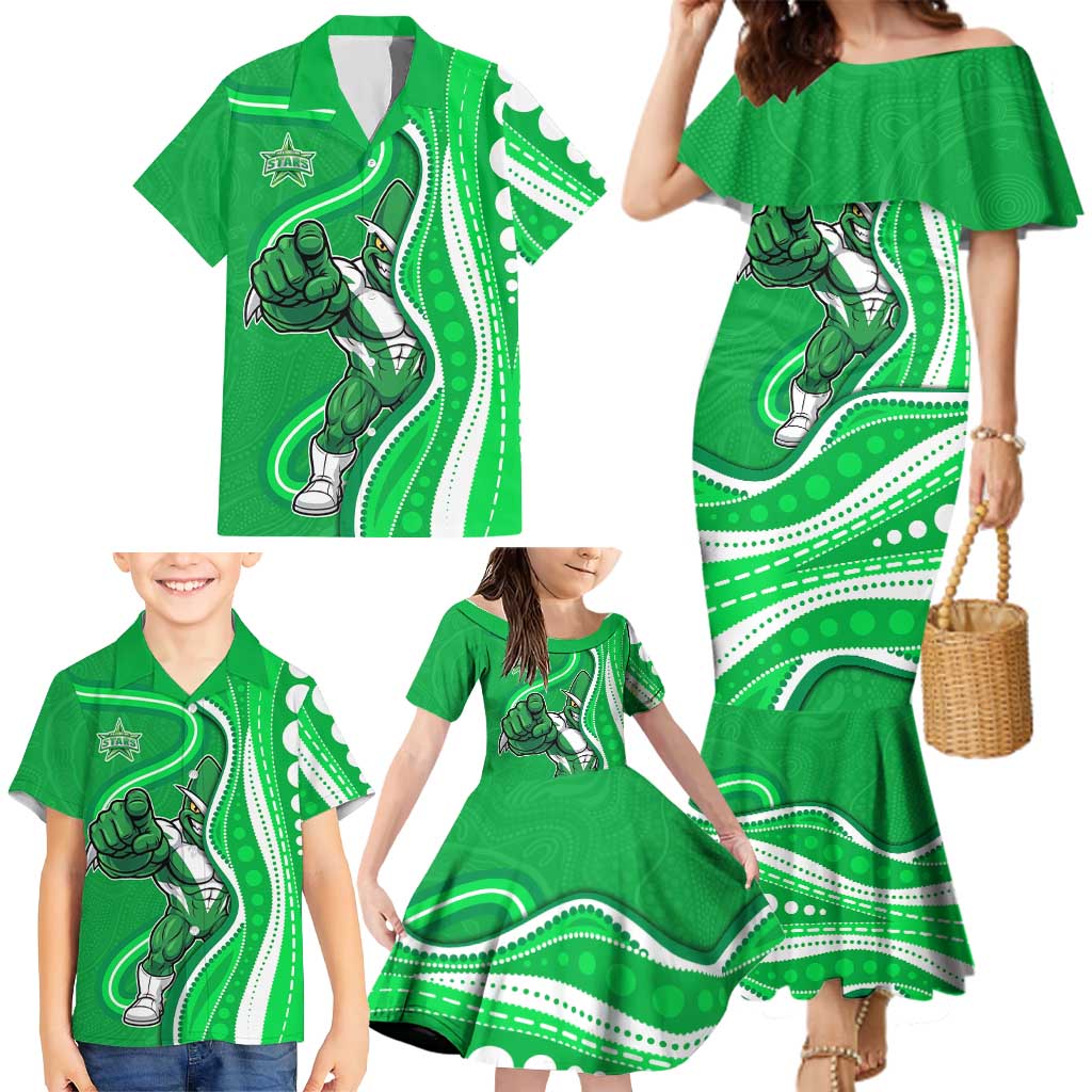 Melbourne Stars Family Matching Mermaid Dress and Hawaiian Shirt Aboriginal Dot Art Green White - Tribal Wave Pattern