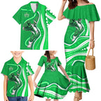 Melbourne Stars Family Matching Mermaid Dress and Hawaiian Shirt Aboriginal Dot Art Green White - Tribal Wave Pattern