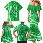 Melbourne Stars Family Matching Mermaid Dress and Hawaiian Shirt Aboriginal Dot Art Green White - Tribal Wave Pattern