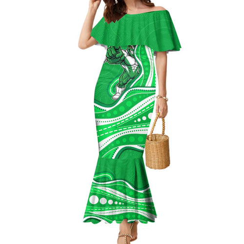Melbourne Stars Family Matching Mermaid Dress and Hawaiian Shirt Aboriginal Dot Art Green White - Tribal Wave Pattern