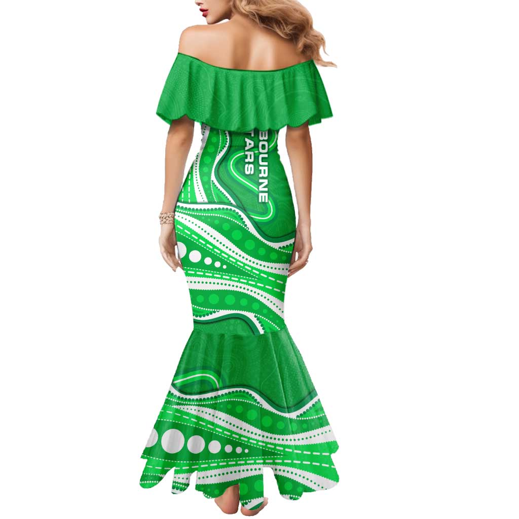 Melbourne Stars Family Matching Mermaid Dress and Hawaiian Shirt Aboriginal Dot Art Green White - Tribal Wave Pattern