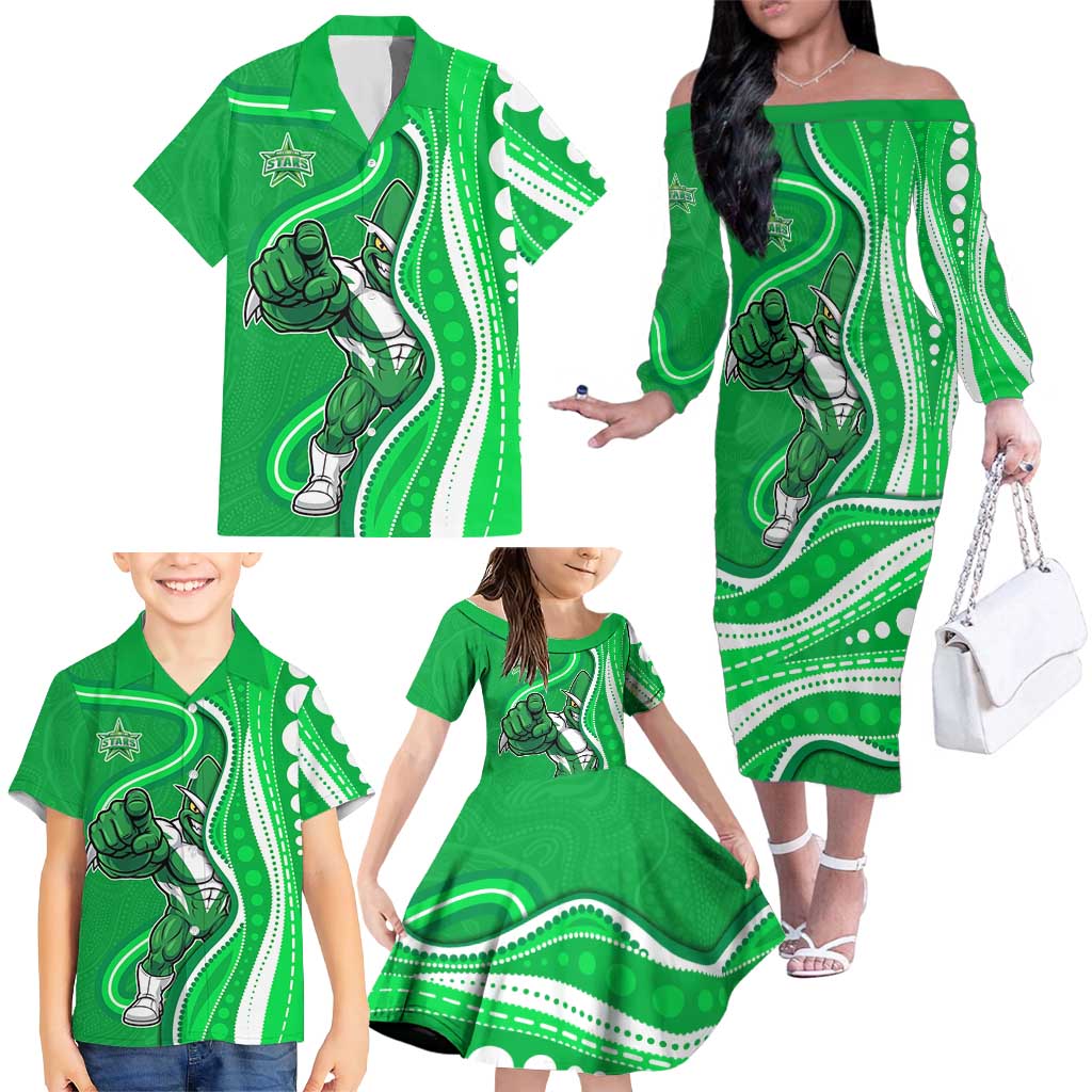 Melbourne Stars Family Matching Off The Shoulder Long Sleeve Dress and Hawaiian Shirt Aboriginal Dot Art Green White - Tribal Wave Pattern