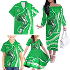 Melbourne Stars Family Matching Off The Shoulder Long Sleeve Dress and Hawaiian Shirt Aboriginal Dot Art Green White - Tribal Wave Pattern