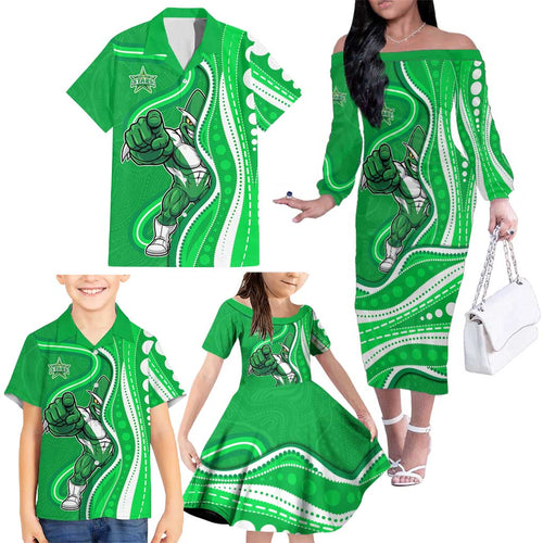 Melbourne Stars Family Matching Off The Shoulder Long Sleeve Dress and Hawaiian Shirt Aboriginal Dot Art Green White - Tribal Wave Pattern