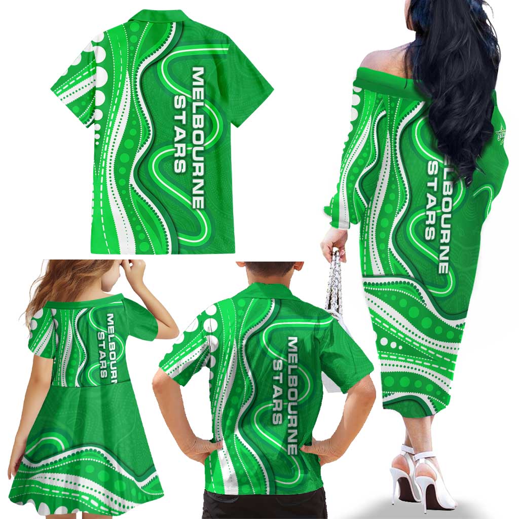 Melbourne Stars Family Matching Off The Shoulder Long Sleeve Dress and Hawaiian Shirt Aboriginal Dot Art Green White - Tribal Wave Pattern