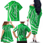 Melbourne Stars Family Matching Off The Shoulder Long Sleeve Dress and Hawaiian Shirt Aboriginal Dot Art Green White - Tribal Wave Pattern
