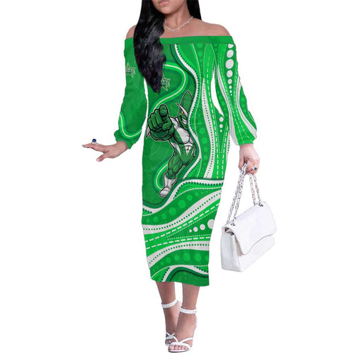 Melbourne Stars Family Matching Off The Shoulder Long Sleeve Dress and Hawaiian Shirt Aboriginal Dot Art Green White - Tribal Wave Pattern
