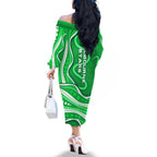 Melbourne Stars Family Matching Off The Shoulder Long Sleeve Dress and Hawaiian Shirt Aboriginal Dot Art Green White - Tribal Wave Pattern