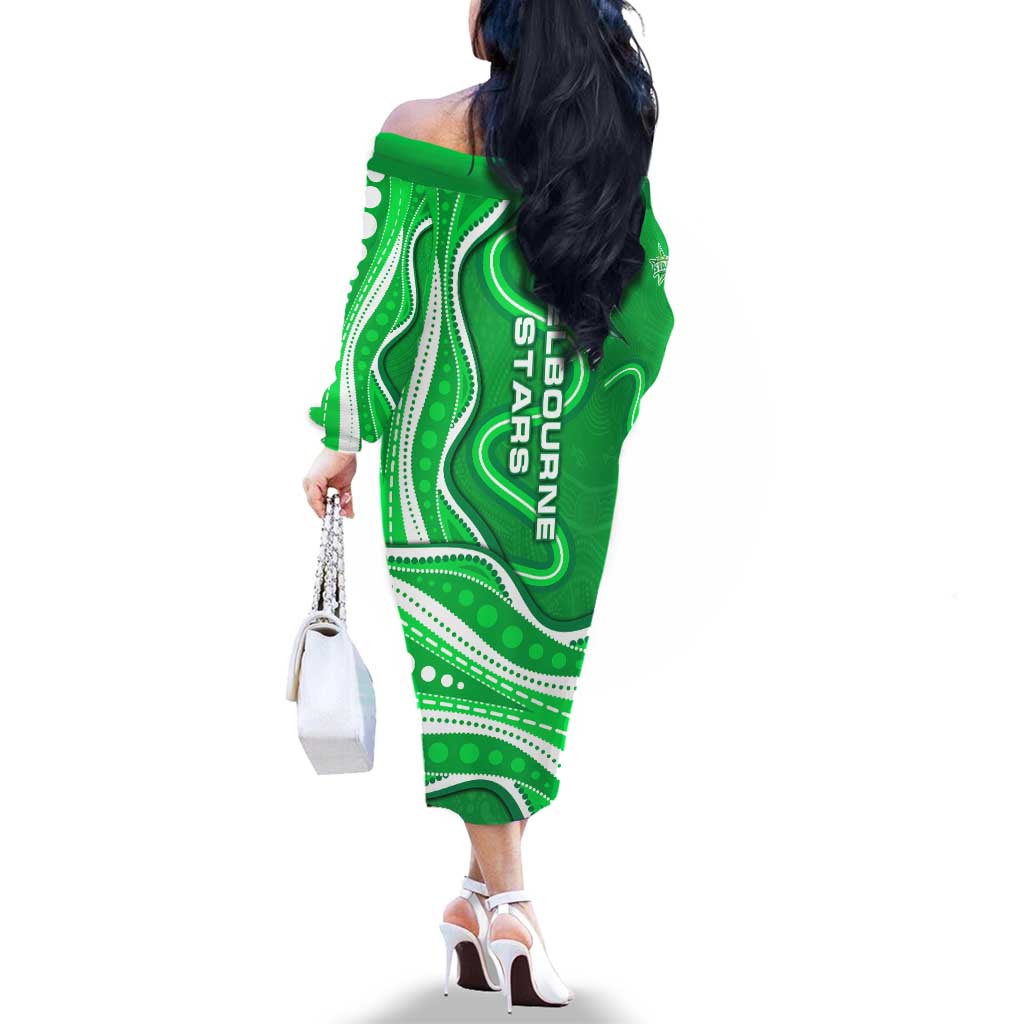 Melbourne Stars Family Matching Off The Shoulder Long Sleeve Dress and Hawaiian Shirt Aboriginal Dot Art Green White - Tribal Wave Pattern