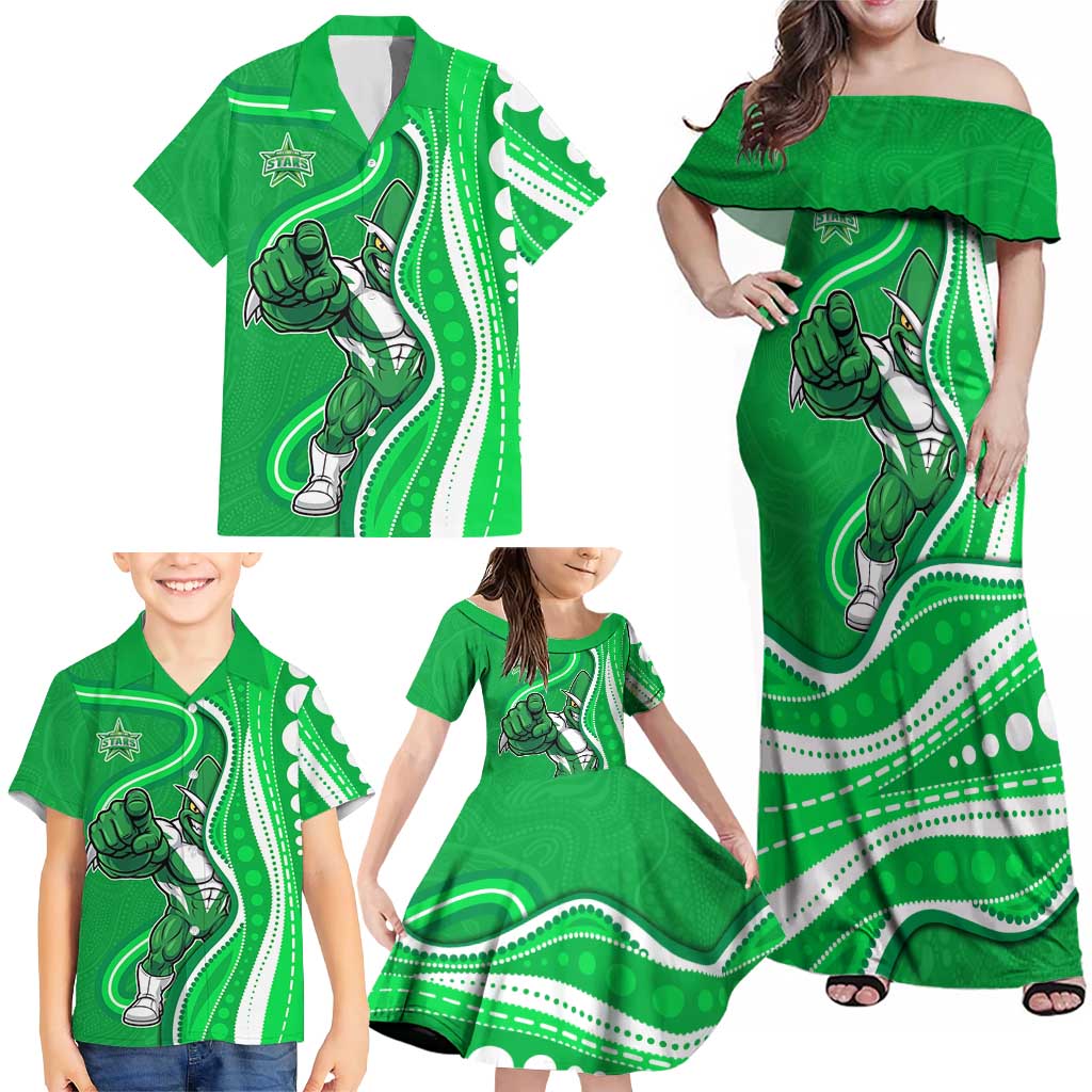 Melbourne Stars Family Matching Off Shoulder Maxi Dress and Hawaiian Shirt Aboriginal Dot Art Green White - Tribal Wave Pattern