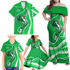 Melbourne Stars Family Matching Off Shoulder Maxi Dress and Hawaiian Shirt Aboriginal Dot Art Green White - Tribal Wave Pattern