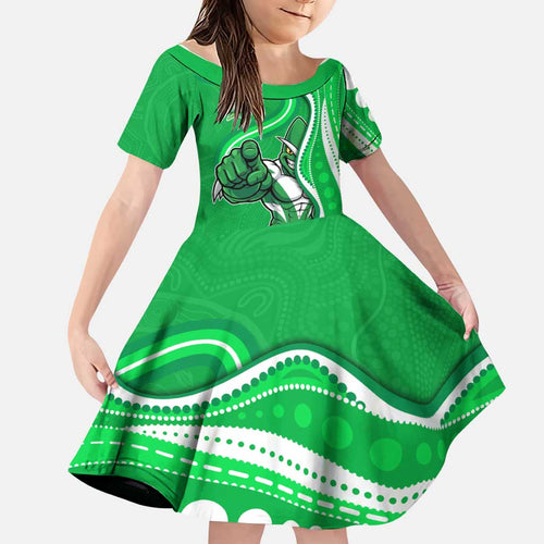 Melbourne Stars Family Matching Off Shoulder Maxi Dress and Hawaiian Shirt Aboriginal Dot Art Green White - Tribal Wave Pattern