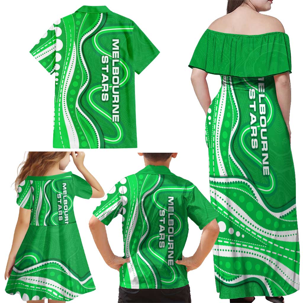 Melbourne Stars Family Matching Off Shoulder Maxi Dress and Hawaiian Shirt Aboriginal Dot Art Green White - Tribal Wave Pattern