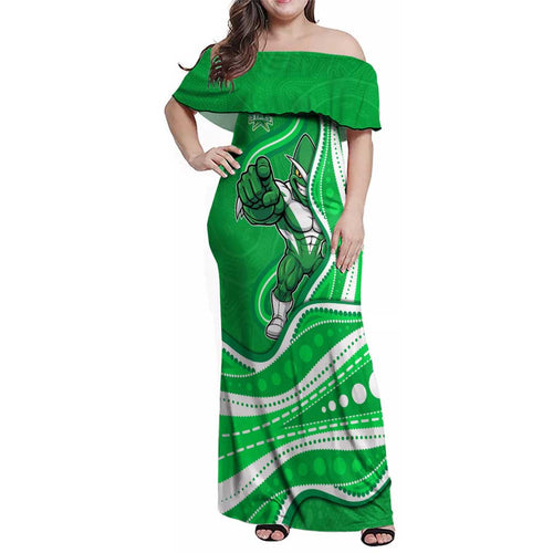 Melbourne Stars Family Matching Off Shoulder Maxi Dress and Hawaiian Shirt Aboriginal Dot Art Green White - Tribal Wave Pattern