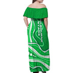 Melbourne Stars Family Matching Off Shoulder Maxi Dress and Hawaiian Shirt Aboriginal Dot Art Green White - Tribal Wave Pattern