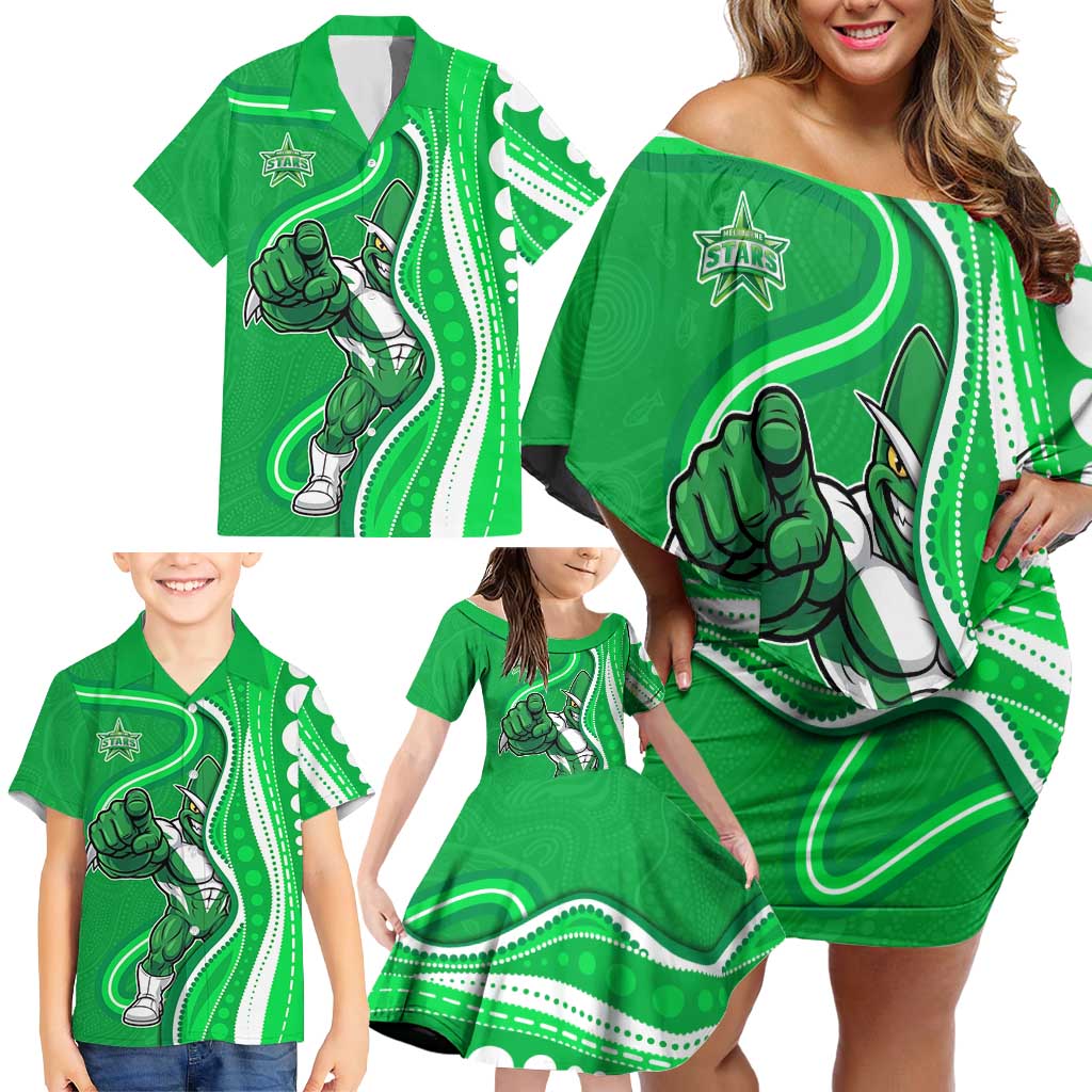 Melbourne Stars Family Matching Off Shoulder Short Dress and Hawaiian Shirt Aboriginal Dot Art Green White - Tribal Wave Pattern