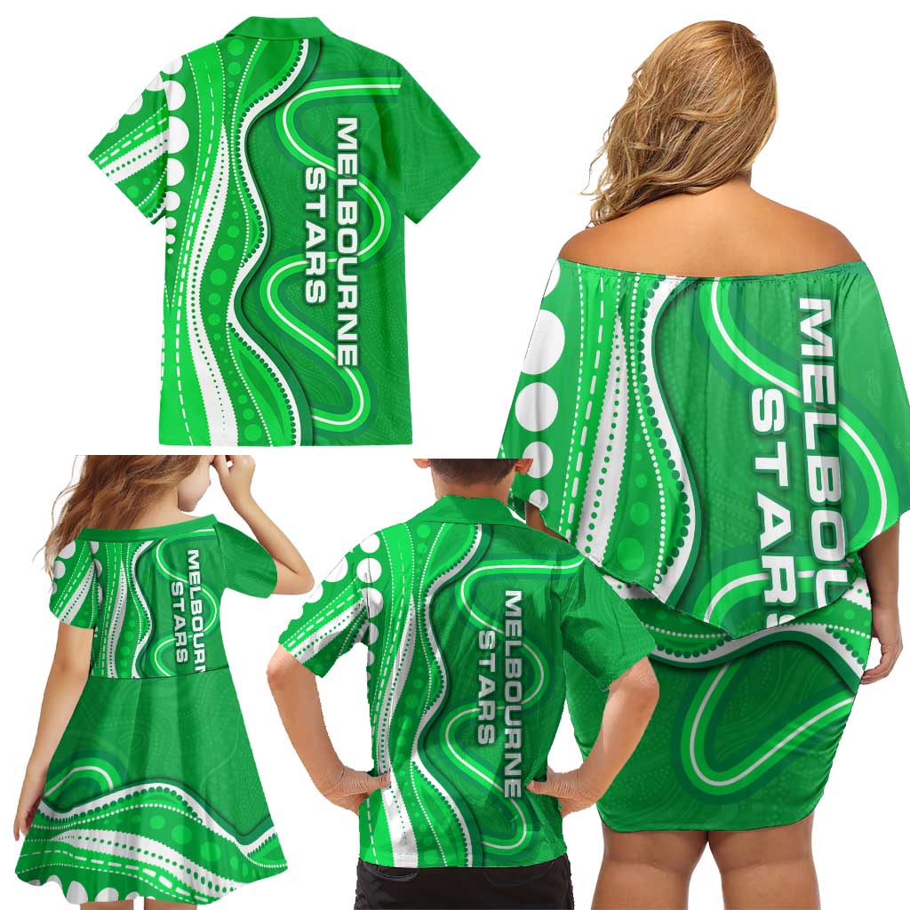 Melbourne Stars Family Matching Off Shoulder Short Dress and Hawaiian Shirt Aboriginal Dot Art Green White - Tribal Wave Pattern