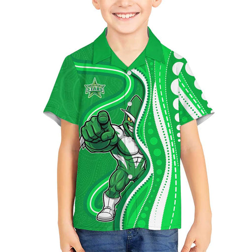 Melbourne Stars Family Matching Off Shoulder Short Dress and Hawaiian Shirt Aboriginal Dot Art Green White - Tribal Wave Pattern