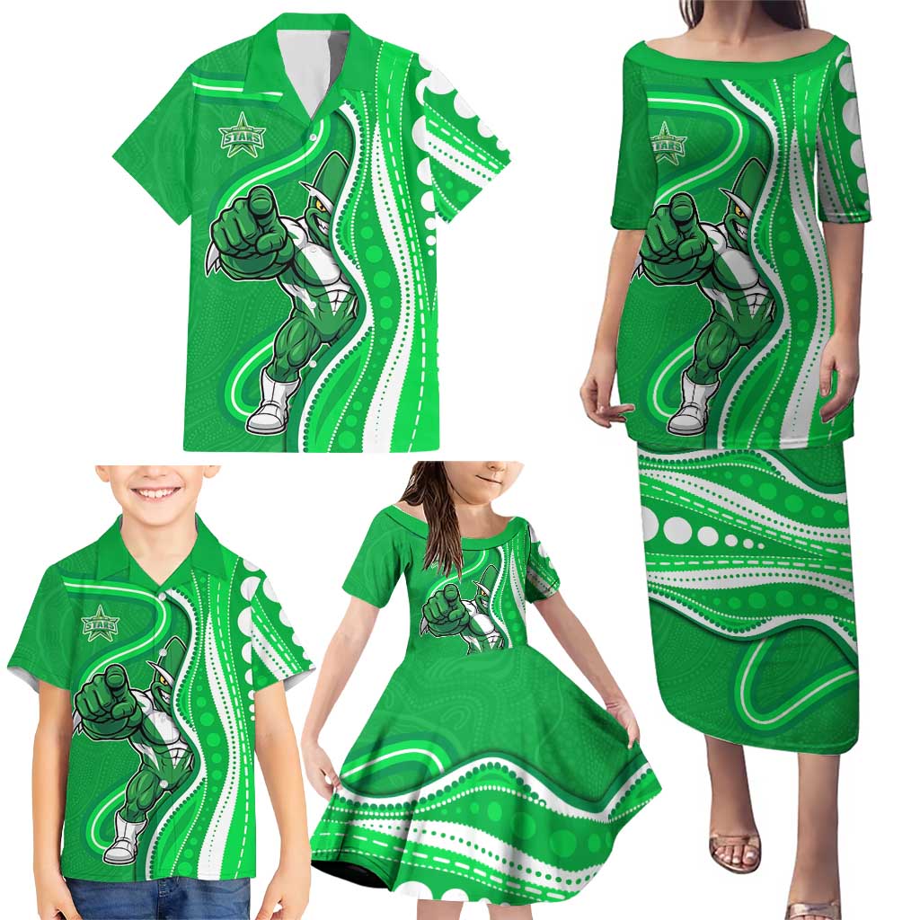 Melbourne Stars Family Matching Puletasi and Hawaiian Shirt Aboriginal Dot Art Green White - Tribal Wave Pattern