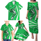 Melbourne Stars Family Matching Puletasi and Hawaiian Shirt Aboriginal Dot Art Green White - Tribal Wave Pattern