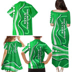 Melbourne Stars Family Matching Puletasi and Hawaiian Shirt Aboriginal Dot Art Green White - Tribal Wave Pattern