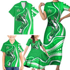 Melbourne Stars Family Matching Short Sleeve Bodycon Dress and Hawaiian Shirt Aboriginal Dot Art Green White - Tribal Wave Pattern