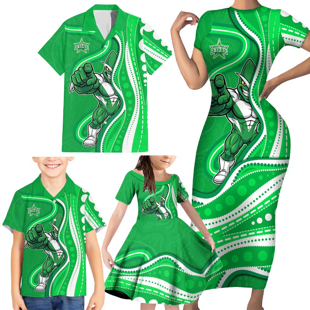 Melbourne Stars Family Matching Short Sleeve Bodycon Dress and Hawaiian Shirt Aboriginal Dot Art Green White - Tribal Wave Pattern