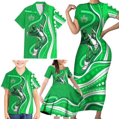 Melbourne Stars Family Matching Short Sleeve Bodycon Dress and Hawaiian Shirt Aboriginal Dot Art Green White - Tribal Wave Pattern