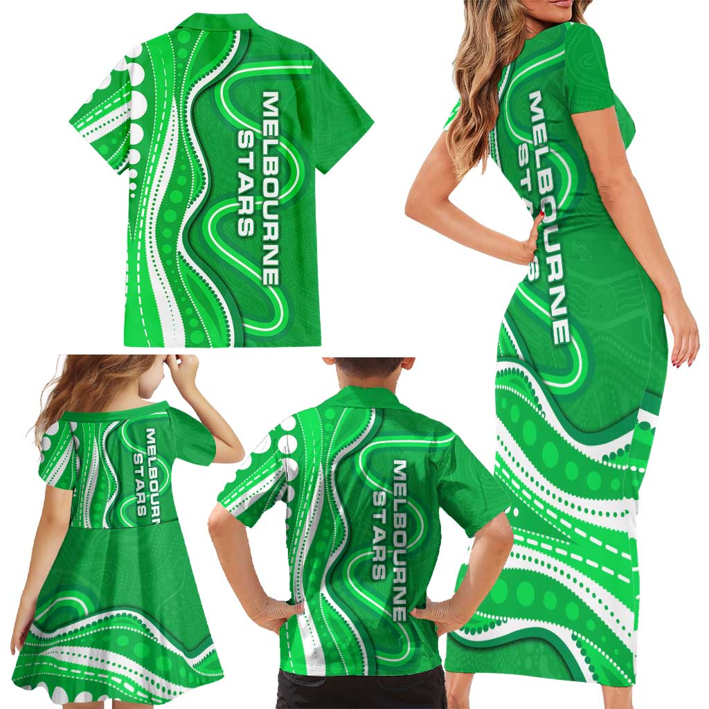 Melbourne Stars Family Matching Short Sleeve Bodycon Dress and Hawaiian Shirt Aboriginal Dot Art Green White - Tribal Wave Pattern