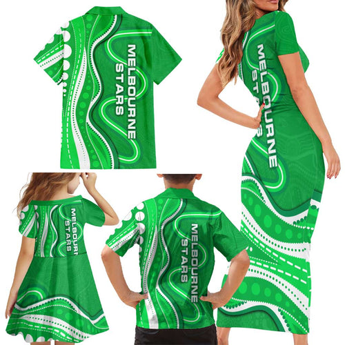 Melbourne Stars Family Matching Short Sleeve Bodycon Dress and Hawaiian Shirt Aboriginal Dot Art Green White - Tribal Wave Pattern