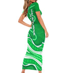 Melbourne Stars Family Matching Short Sleeve Bodycon Dress and Hawaiian Shirt Aboriginal Dot Art Green White - Tribal Wave Pattern