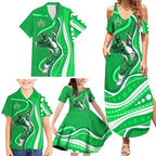 Melbourne Stars Family Matching Summer Maxi Dress and Hawaiian Shirt Aboriginal Dot Art Green White - Tribal Wave Pattern