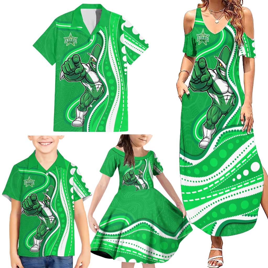 Melbourne Stars Family Matching Summer Maxi Dress and Hawaiian Shirt Aboriginal Dot Art Green White - Tribal Wave Pattern