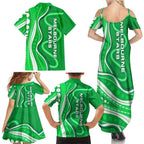 Melbourne Stars Family Matching Summer Maxi Dress and Hawaiian Shirt Aboriginal Dot Art Green White - Tribal Wave Pattern