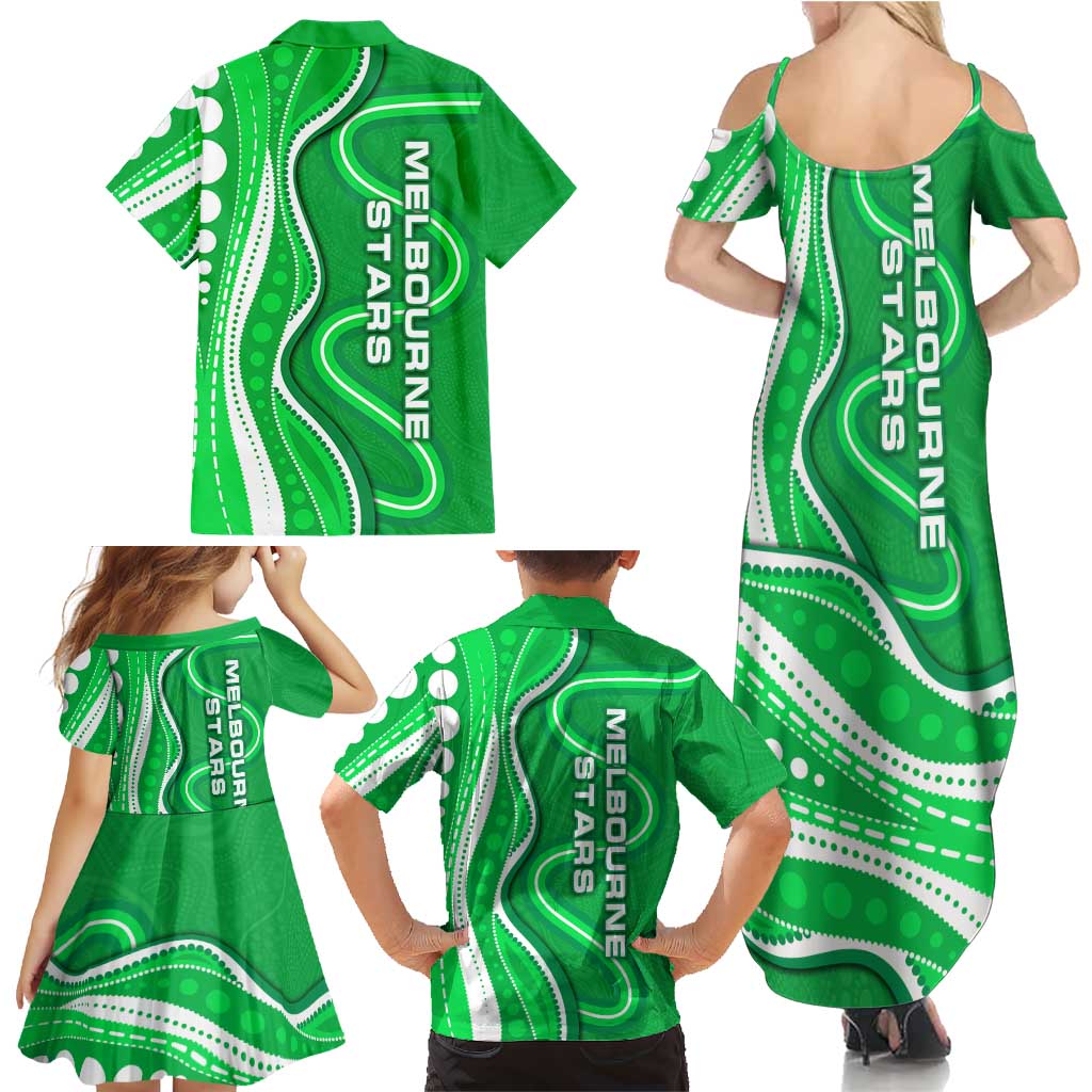 Melbourne Stars Family Matching Summer Maxi Dress and Hawaiian Shirt Aboriginal Dot Art Green White - Tribal Wave Pattern