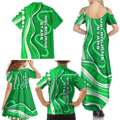 Melbourne Stars Family Matching Summer Maxi Dress and Hawaiian Shirt Aboriginal Dot Art Green White - Tribal Wave Pattern