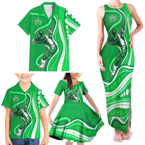 Melbourne Stars Family Matching Tank Maxi Dress and Hawaiian Shirt Aboriginal Dot Art Green White - Tribal Wave Pattern
