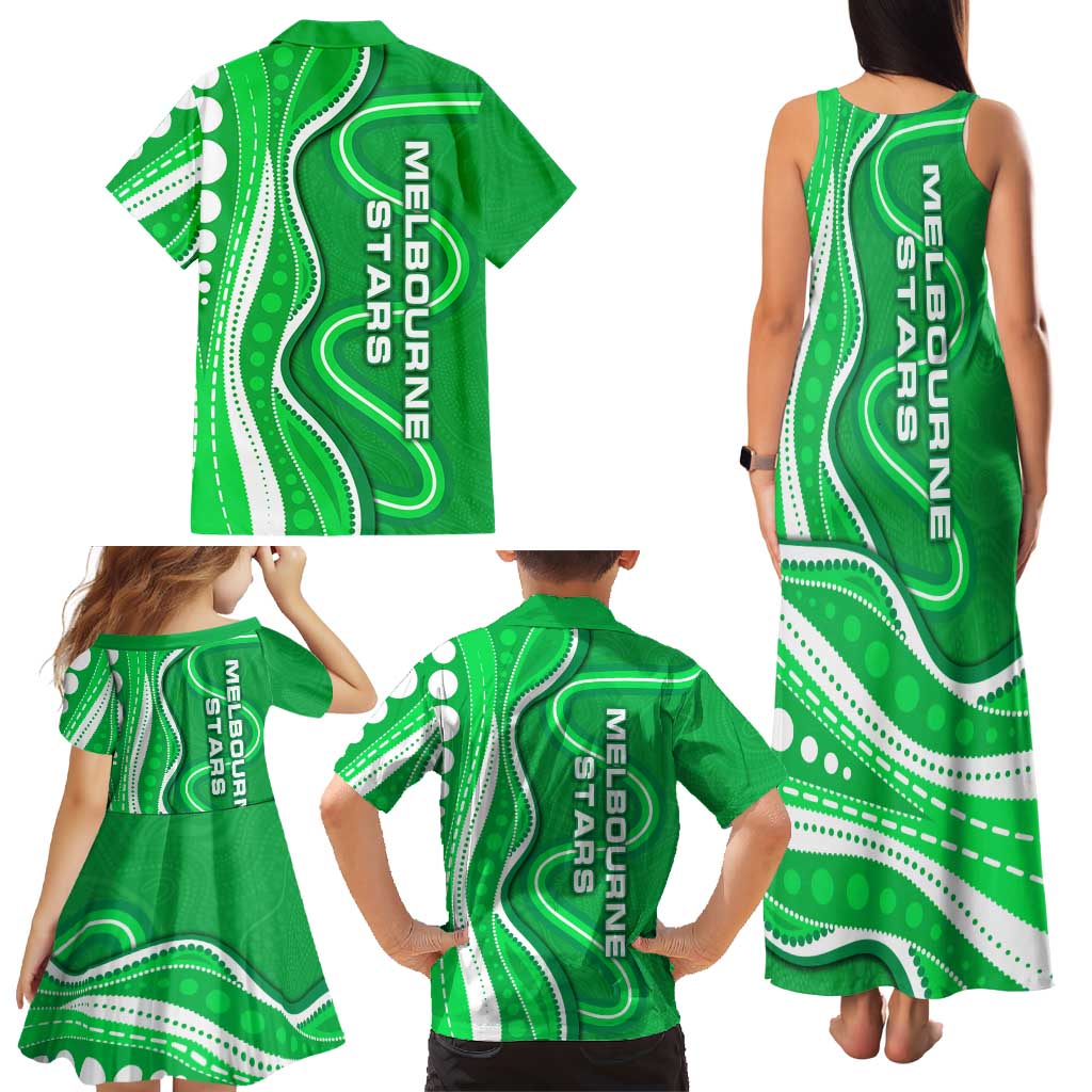 Melbourne Stars Family Matching Tank Maxi Dress and Hawaiian Shirt Aboriginal Dot Art Green White - Tribal Wave Pattern