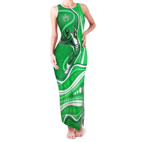Melbourne Stars Family Matching Tank Maxi Dress and Hawaiian Shirt Aboriginal Dot Art Green White - Tribal Wave Pattern