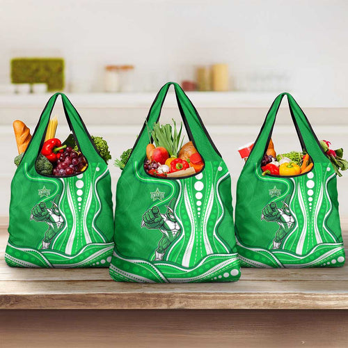 Melbourne Stars Grocery Bag Aboriginal Dot Art Green White - Tribal Wave Pattern