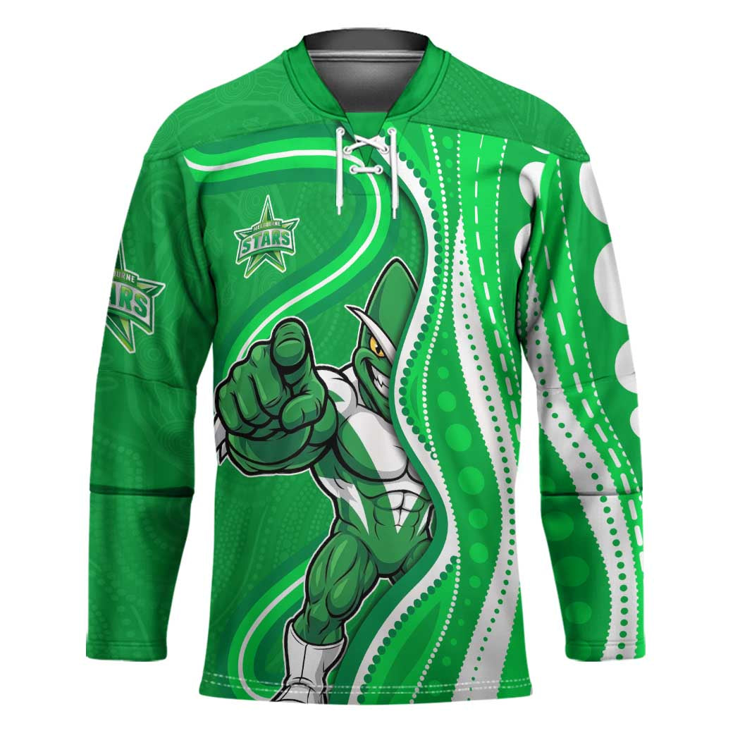 Melbourne Stars Hockey Jersey Aboriginal Dot Art Green White - Tribal Wave Pattern