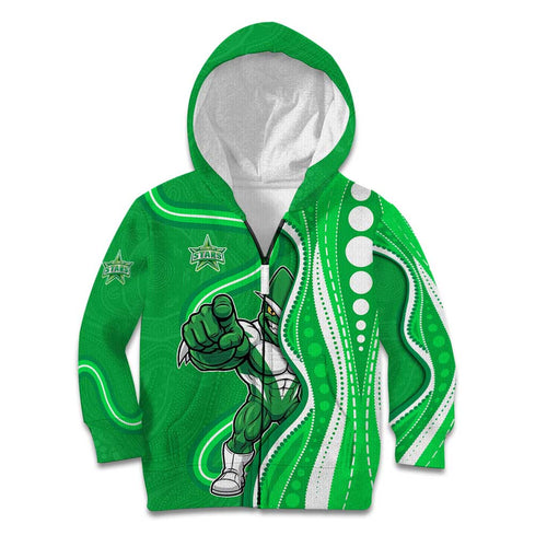 Melbourne Stars Kid Hoodie Aboriginal Dot Art Green White - Tribal Wave Pattern