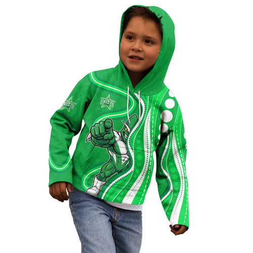 Melbourne Stars Kid Hoodie Aboriginal Dot Art Green White - Tribal Wave Pattern