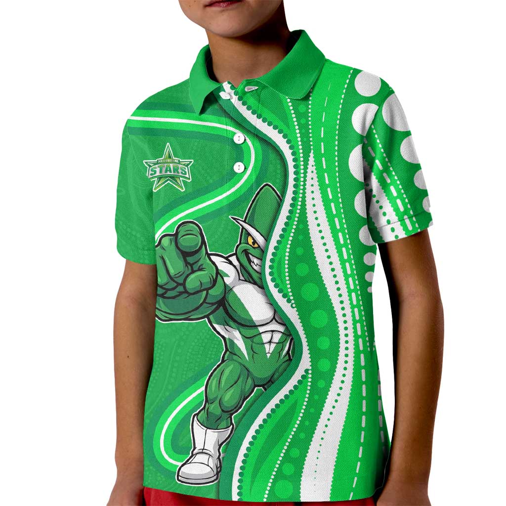 Melbourne Stars Kid Polo Shirt Aboriginal Dot Art Green White - Tribal Wave Pattern