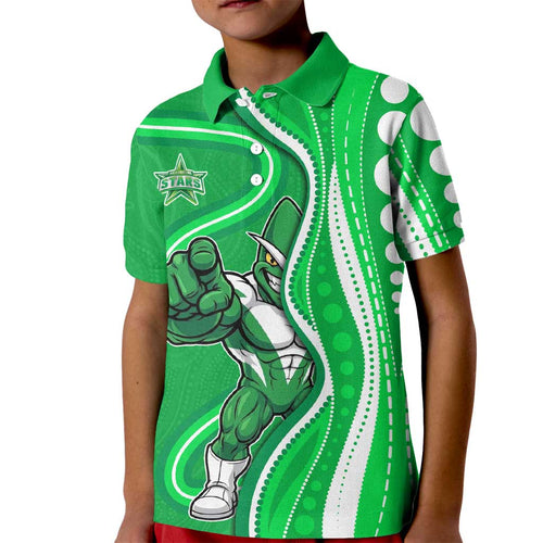 Melbourne Stars Kid Polo Shirt Aboriginal Dot Art Green White - Tribal Wave Pattern